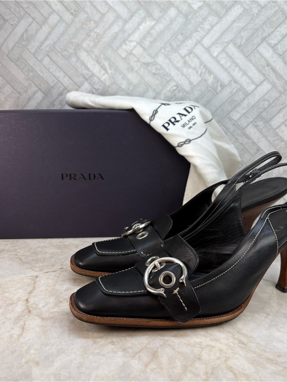 Prada Black Leather Slingback Heels with Silver Buckle